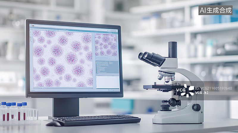 【AI数字艺术】实验室电子显微镜和电脑屏幕上显示出的细胞图像图片素材