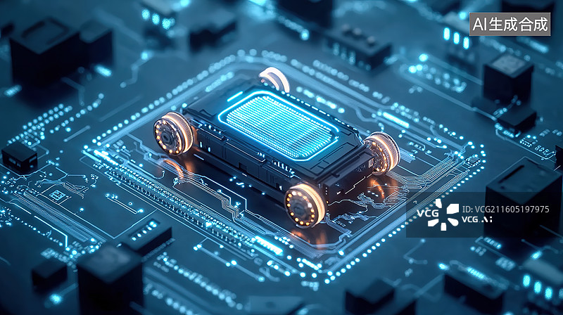 【AI数字艺术】电路板上的电动汽车底盘——新能源汽车电池科技概念图片素材