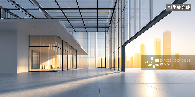 【AI数字艺术】阳光照射下具有玻璃幕墙的明亮的极简现代建筑室内空间图片素材
