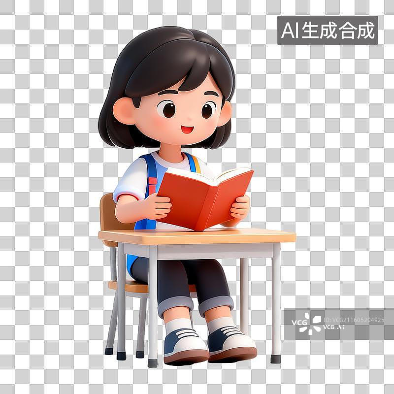 【AI数字艺术】3D立体看书的学生卡通人物免抠元素图片素材