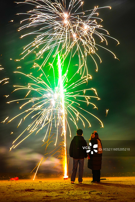 人们在晚上看烟花表演图片素材