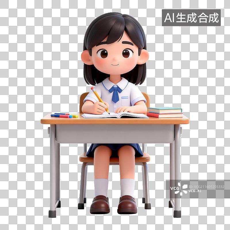 【AI数字艺术】3D立体写作业的学生卡通人物免抠元素图片素材