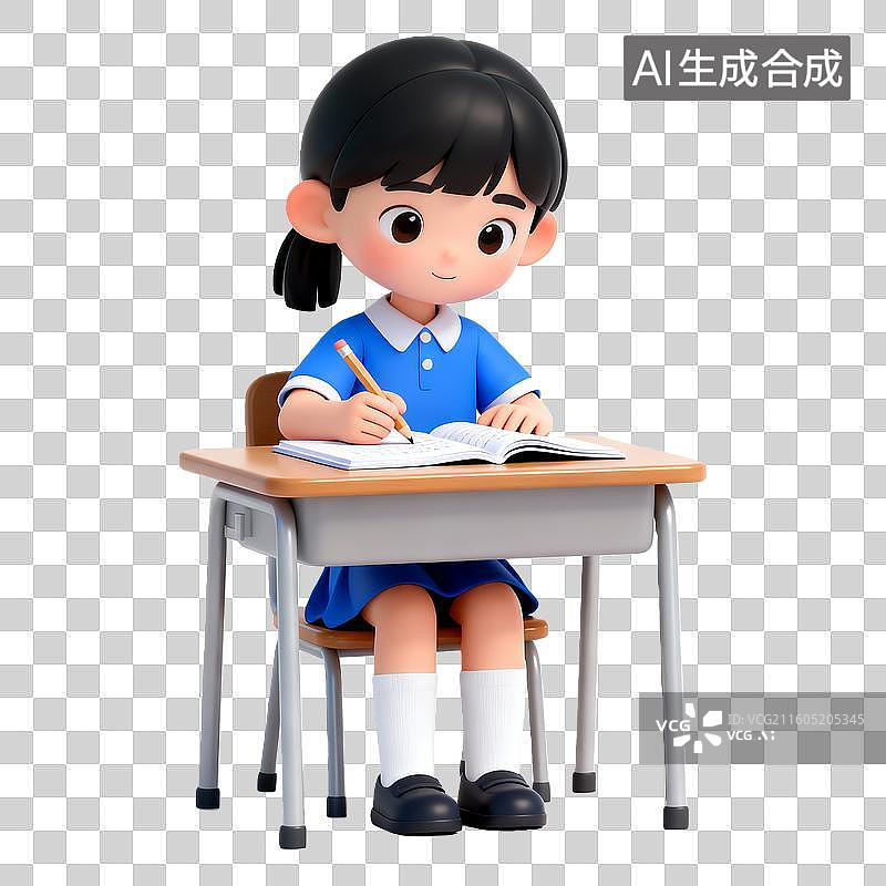 【AI数字艺术】3D立体写作业的学生卡通人物免抠元素图片素材