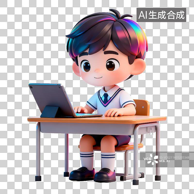 【AI数字艺术】3D立体操作电脑的学生卡通人物免抠元素图片素材