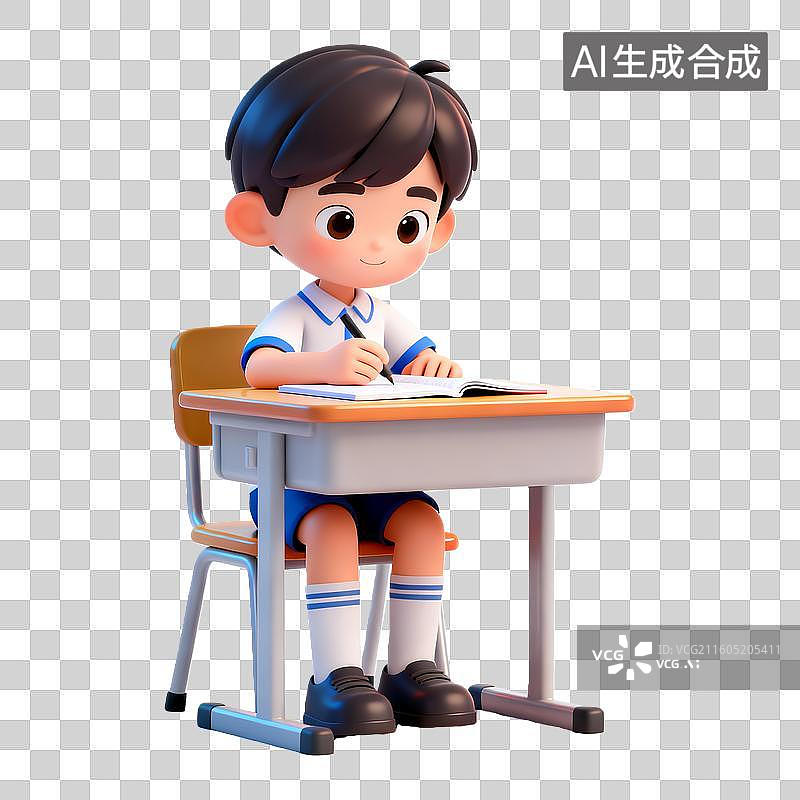【AI数字艺术】3D立体写作业的学生卡通人物免抠元素图片素材