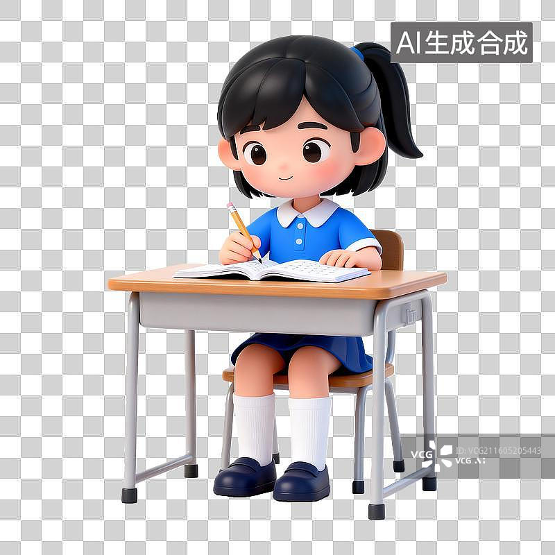 【AI数字艺术】3D立体写作业的学生卡通人物免抠元素图片素材