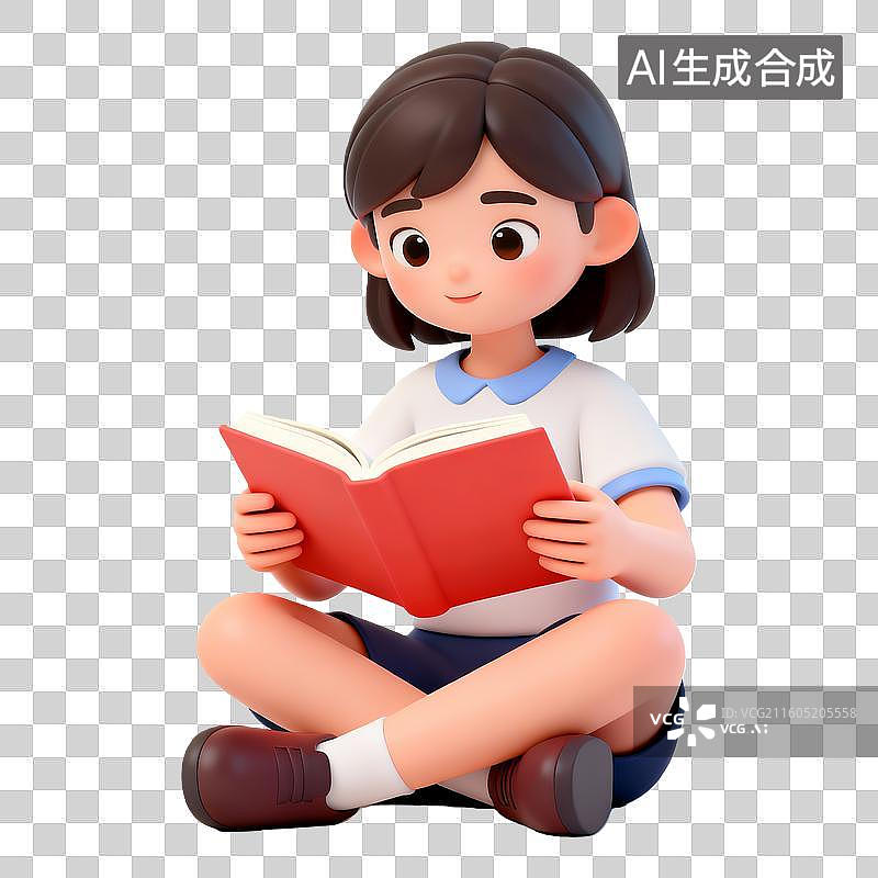 【AI数字艺术】3D立体看书的学生卡通人物免抠元素图片素材