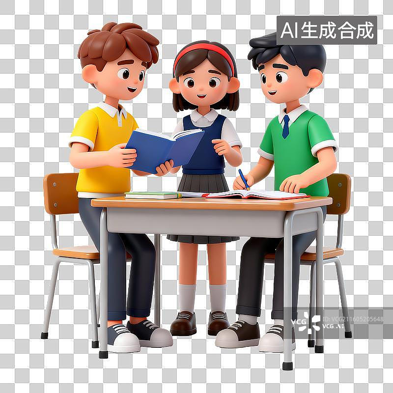 【AI数字艺术】3D立体写作业的学生卡通人物免抠元素图片素材