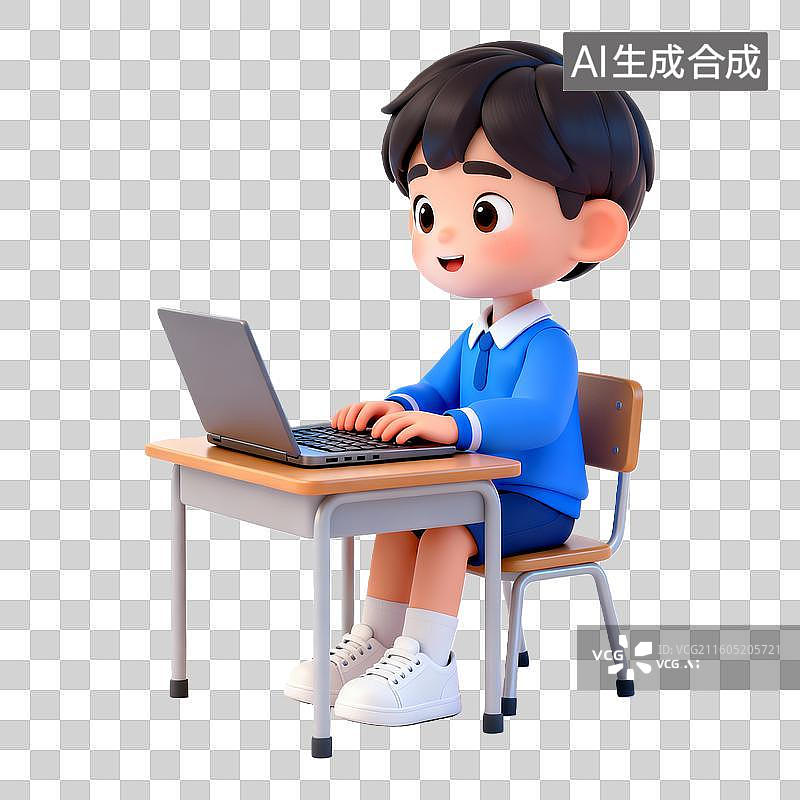 【AI数字艺术】3D立体操作电脑的学生卡通人物免抠元素图片素材