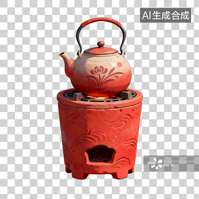 【AI数字艺术】手绘插画，潮汕工夫茶，红泥小火炉，围炉煮茶，烧水烹茶，茶文化，免抠元素图片素材