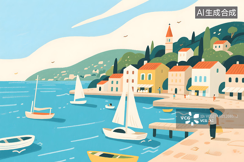 【AI数字艺术】地中海风情小镇港湾图片素材