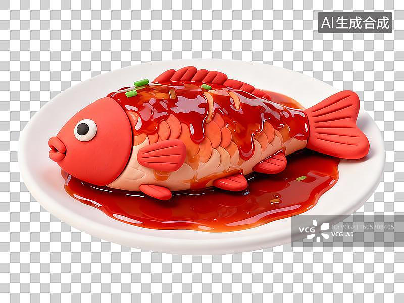 【AI数字艺术】3D卡通粘土风中式美食西湖醋鱼图片素材
