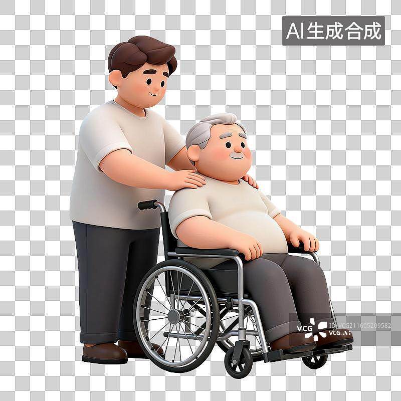 【AI数字艺术】年轻男子照顾坐轮椅老人图片素材
