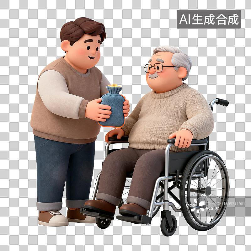 【AI数字艺术】年轻人给坐轮椅老人送热水袋图片素材