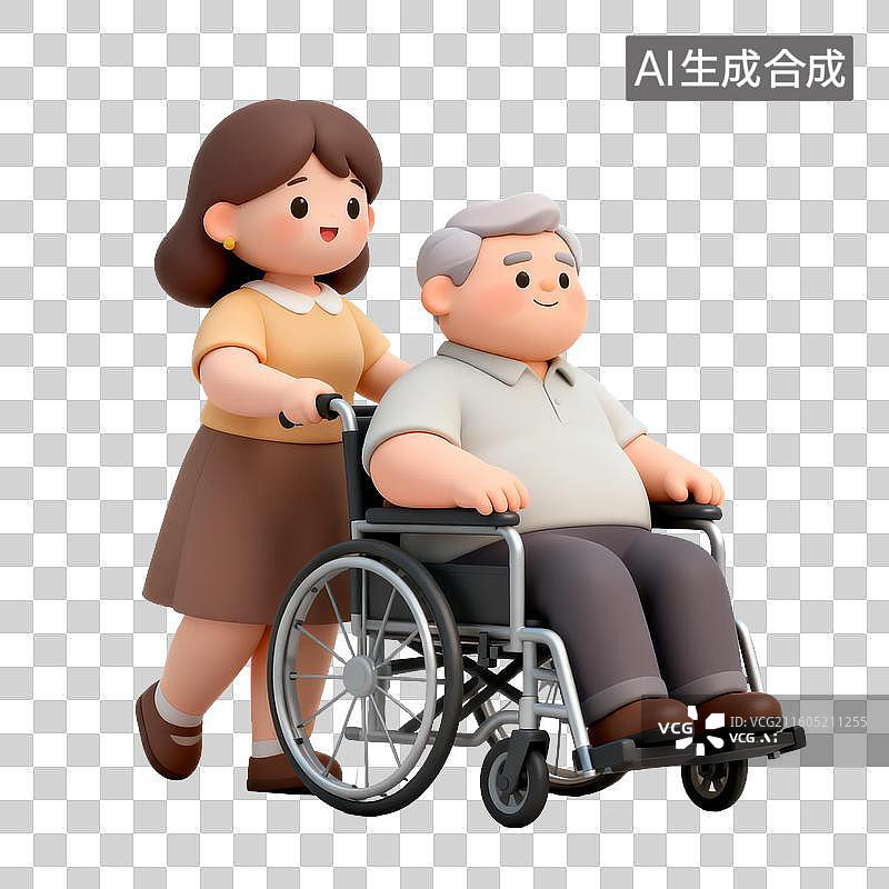 【AI数字艺术】年轻女子推坐轮椅老人体现关爱图片素材