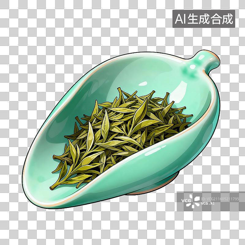 【AI数字艺术】国风手绘插画，茶则里的茶叶，绿叶，茶叶，茶树，叶子，绿茶，春茶，茶道，茶文化免抠元素图片素材