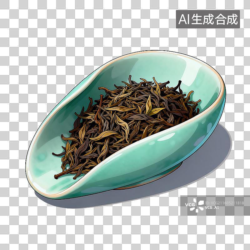 【AI数字艺术】国风手绘插画，茶则里的茶叶，绿叶，茶叶，茶树，叶子，绿茶，春茶，茶道，茶文化免抠元素图片素材
