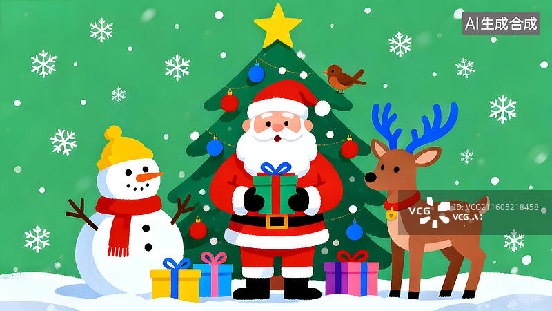 【AI数字艺术】圣诞老人与雪人驯鹿共庆节日图片素材