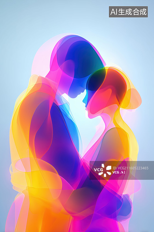 【AI数字艺术】蒸汽波荧光色情侣恋爱男女拥抱场景3D立体图像插画图片素材