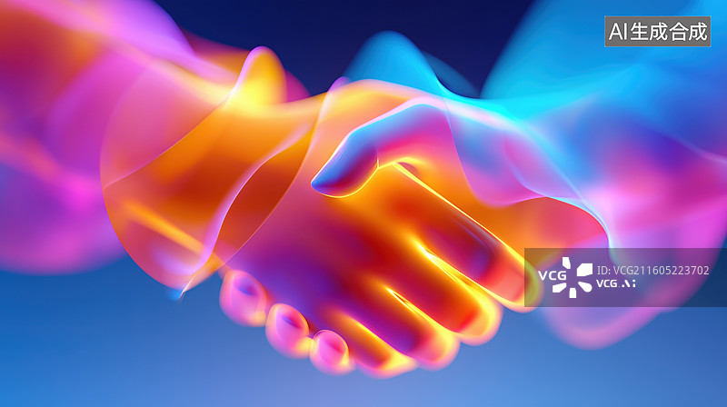 【AI数字艺术】蒸汽波荧光色见面握手场景3D立体图像插画图片素材