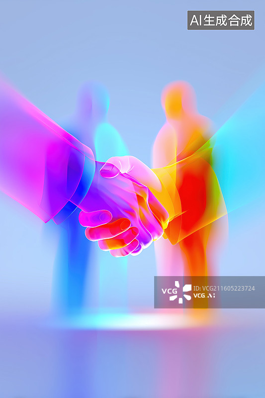 【AI数字艺术】蒸汽波荧光色见面握手场景3D立体图像插画图片素材