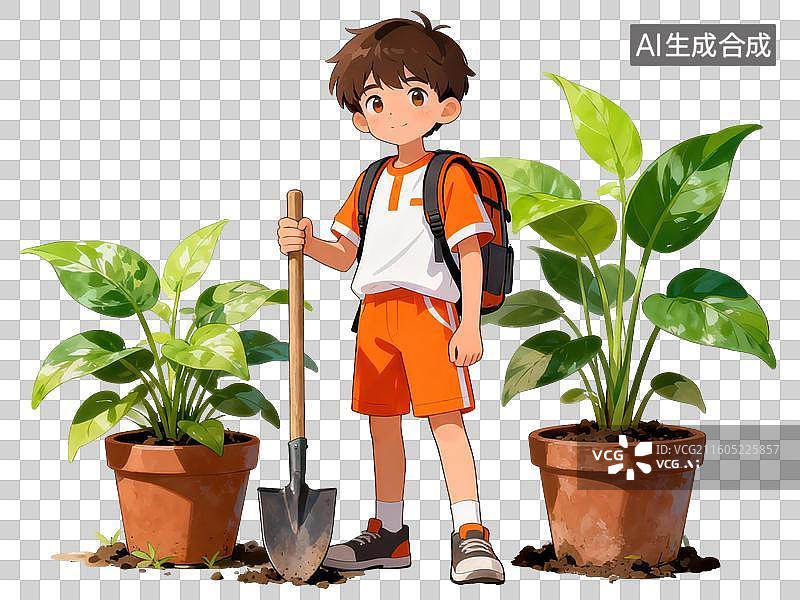 【AI数字艺术】男孩持铲站在盆栽旁图片素材