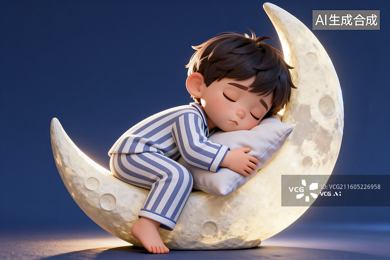 【AI数字艺术】可爱孩童月牙上安睡图片素材