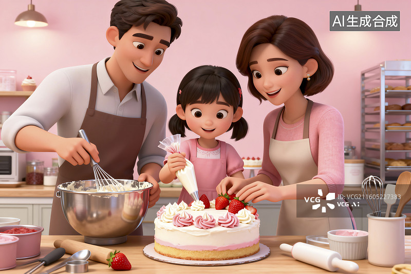 【AI数字艺术】一家人欢乐烘焙做蛋糕图片素材
