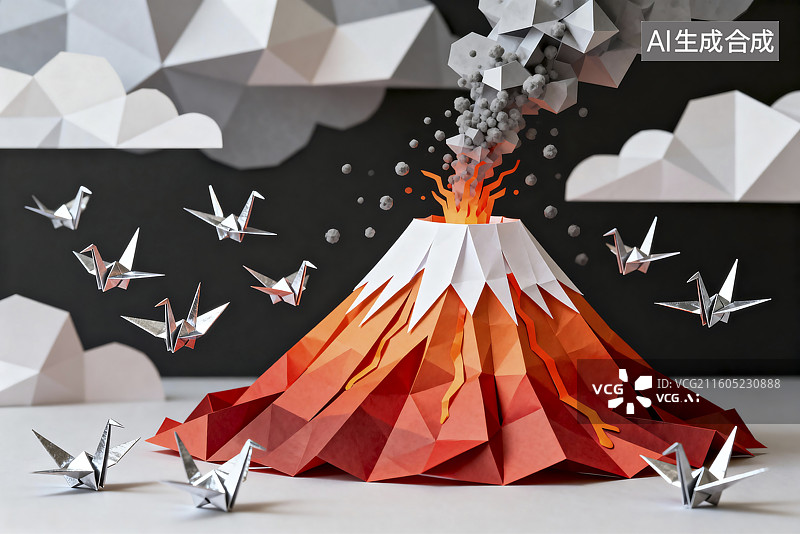 【AI数字艺术】折纸火山与千纸鹤艺术作品图片素材