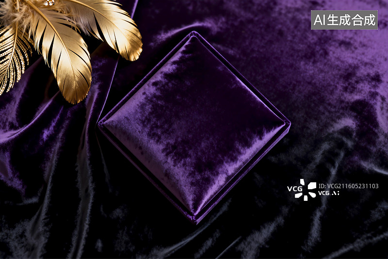 【AI数字艺术】紫色丝绒抱枕与金色羽毛图片素材