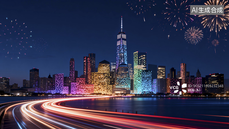 【AI数字艺术】夜晚多彩城市天际线图片素材