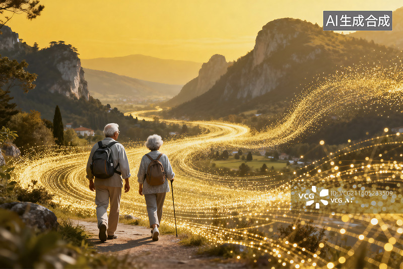 【AI数字艺术】老年夫妇漫步在风景优美的小径图片素材