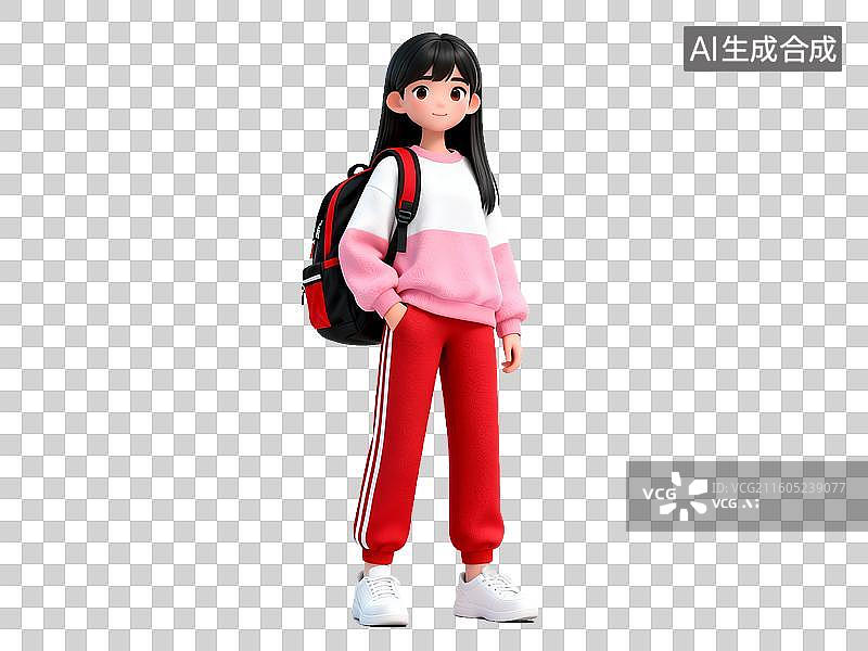 【AI数字艺术】教育主题 中学生形象 穿运动服的女孩背着书包图片素材