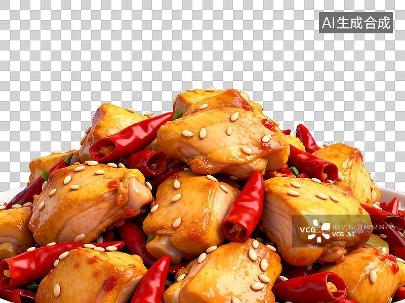 【AI数字艺术】美食 辣子鸡块配红辣椒和芝麻图片素材