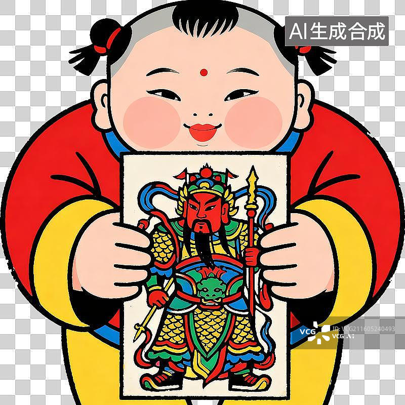 【AI数字艺术】手拿门神年画的年画娃娃图片素材