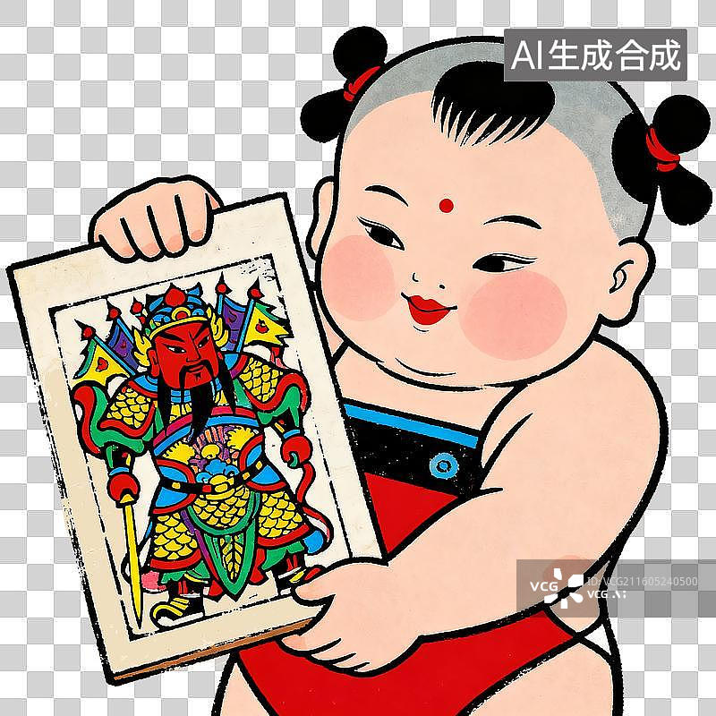 【AI数字艺术】手拿门神年画的年画娃娃图片素材