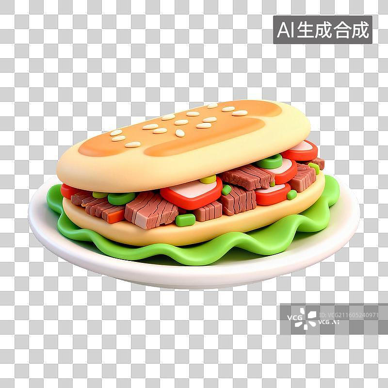 【AI数字艺术】3D拟物风格国风中国中式美食成品菜肴元素驴肉火烧肉夹馍图片素材