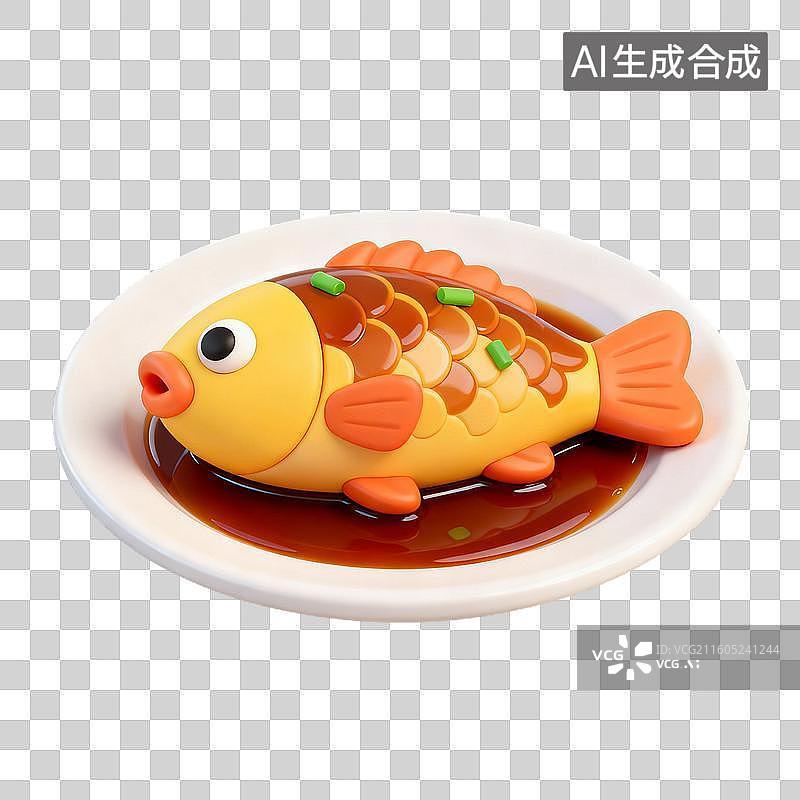 【AI数字艺术】3D拟物风格国风中国中式美食成品菜肴元素杭州西湖醋鱼图片素材