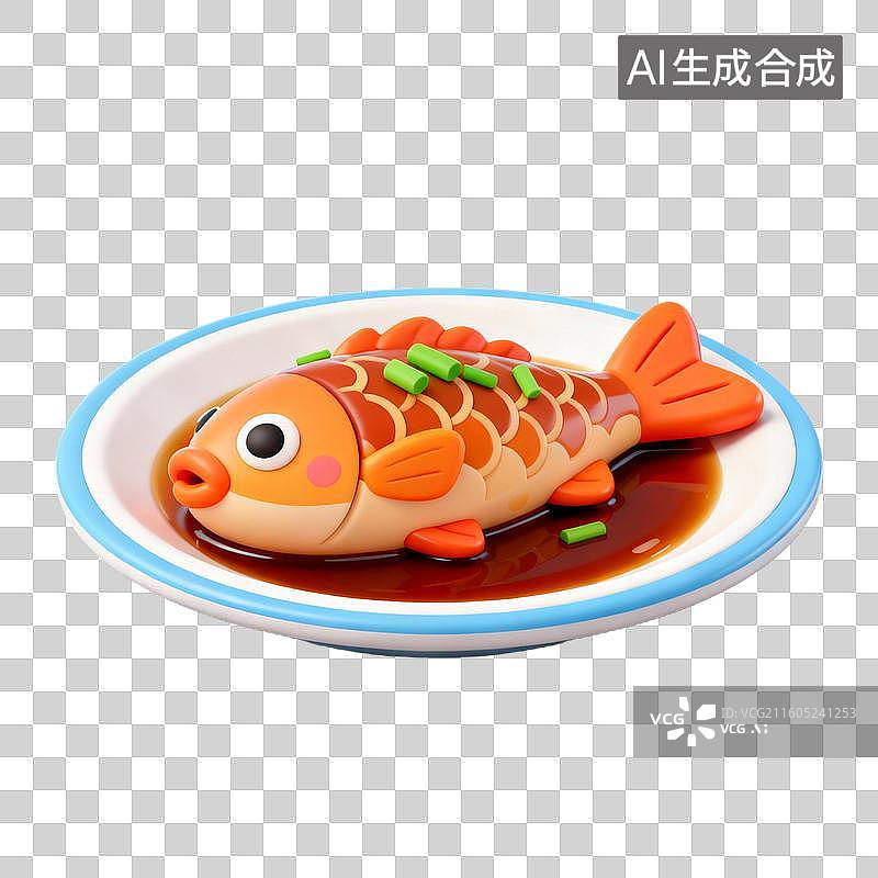 【AI数字艺术】3D拟物风格国风中国中式美食成品菜肴元素杭州西湖醋鱼图片素材