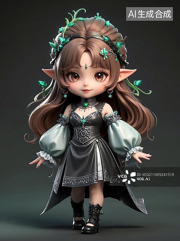 【AI数字艺术】可爱精灵女孩身着黑色连衣裙，头戴绿叶装饰图片素材