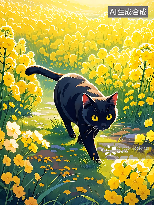 【AI数字艺术】阳光下的黑猫在油菜花田中漫步图片素材