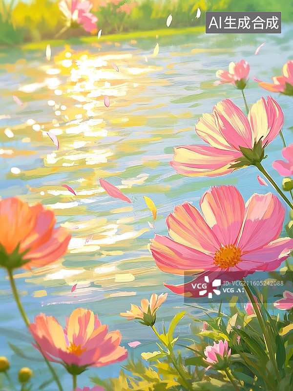 【AI数字艺术】阳光下的粉色波斯菊与粼粼水面图片素材