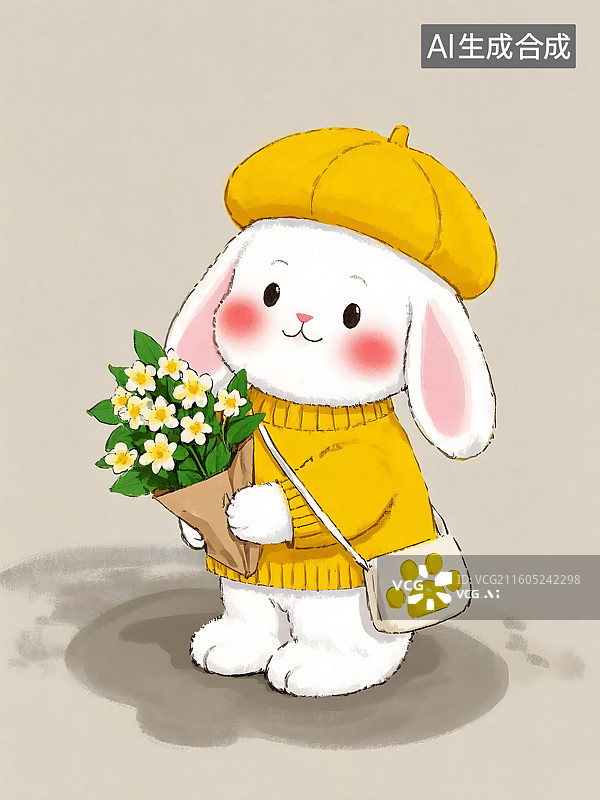 【AI数字艺术】戴着黄色贝雷帽的小兔子拿着花束图片素材