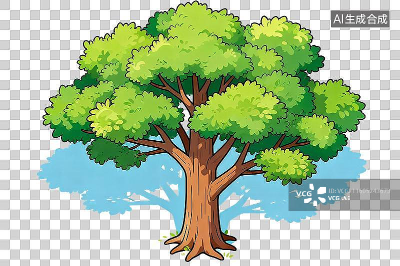 【AI数字艺术】卡通风格，一颗绿色高大的树木PNG格式的免扣元素图片素材