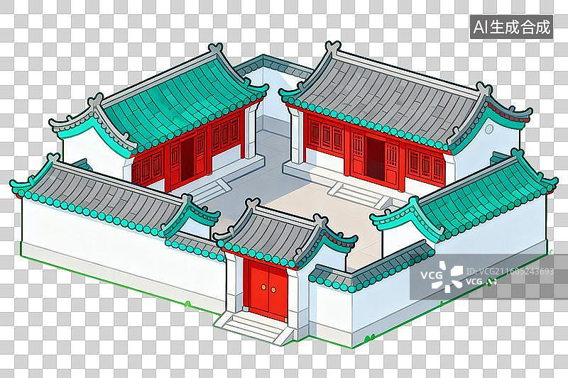 【AI数字艺术】卡通风格，一座中式建筑，四合院PNG格式的免扣元素图片素材