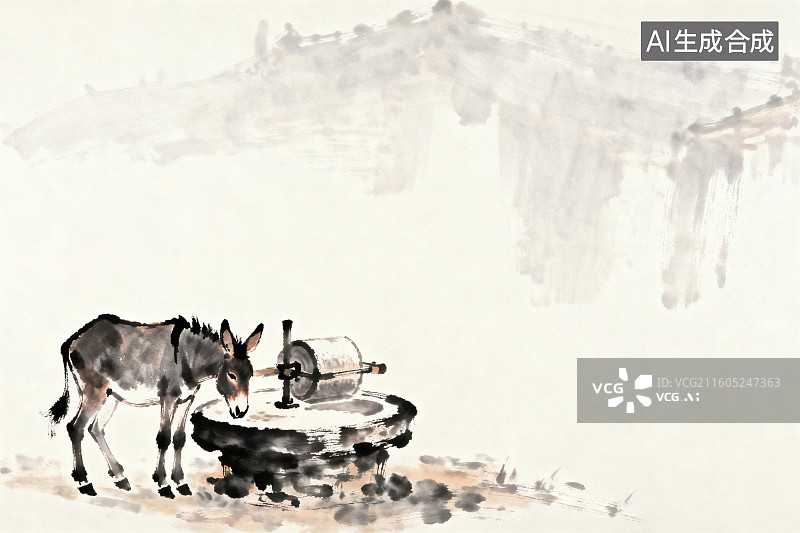 【AI数字艺术】传统水墨画风格，一只驴正在拉磨图片素材