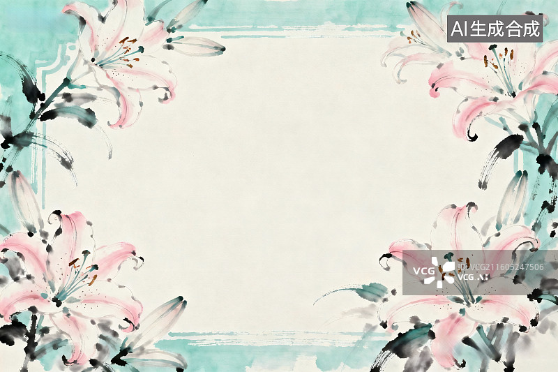 【AI数字艺术】传统水墨画风格，百合花做边框，中间留白图片素材