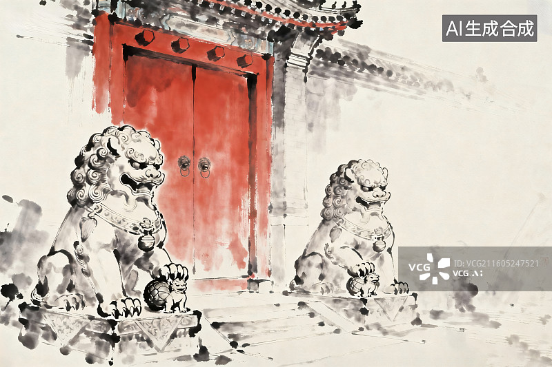 【AI数字艺术】传统水墨画风格，朱门大院门前的两只石狮子图片素材