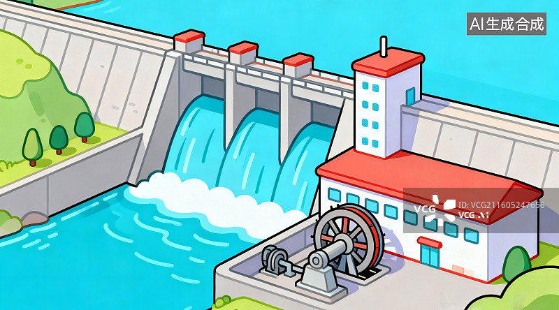 【AI数字艺术】卡通风格，一座水电站大坝，水力发电图片素材