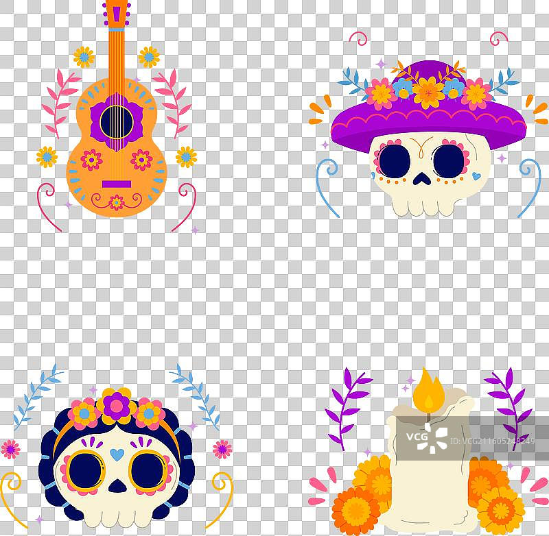 手绘的墨西哥亡灵节徽章集合图片素材